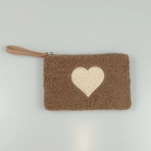 Brown Velvet Heart Pouch Bag